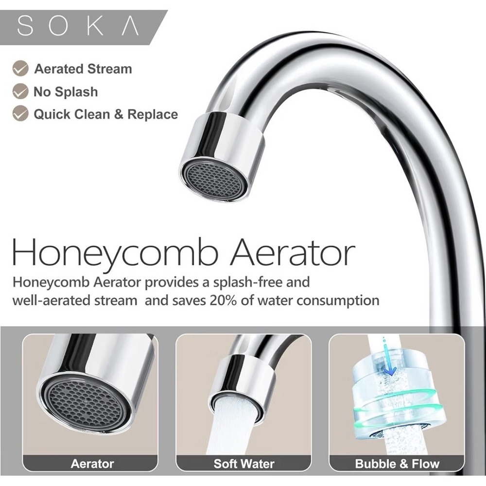 Soka Chrome Bathroom Sink Faucet Two Handle Goose Neck Assembly Brand New In Box - Picture 8 of 15